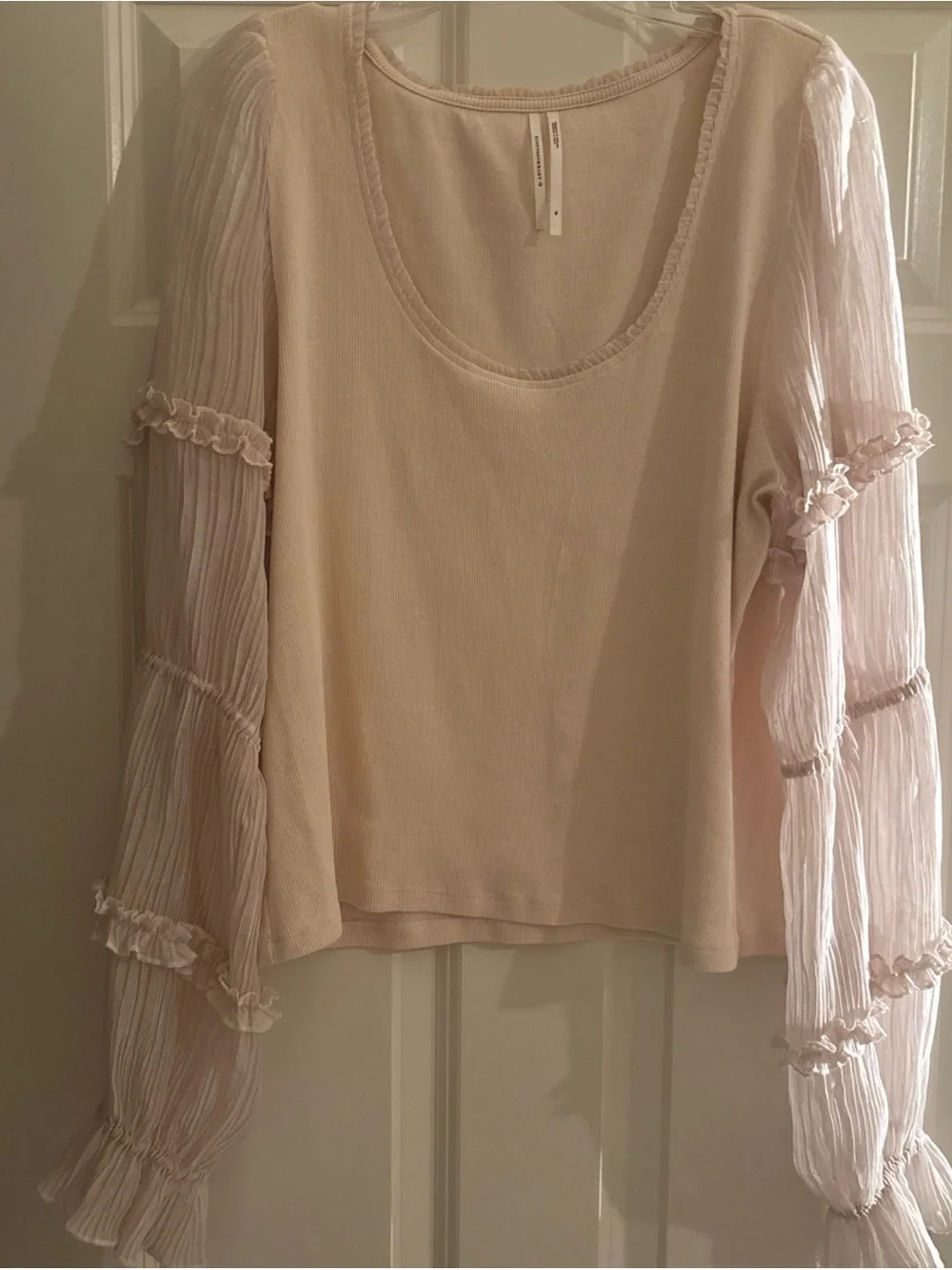 Anthropologie Cream Sheer-Puff Long-Sleeve Scoop Top